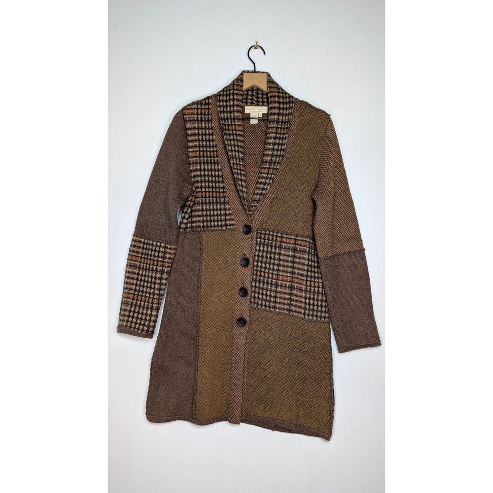 The Territory Ahead Patchwork Cardigan Sweater Brown Plaid Wool Blend Small
